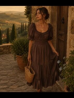Trixxi Brown Puff-Sleeve Smocked Midi Dress